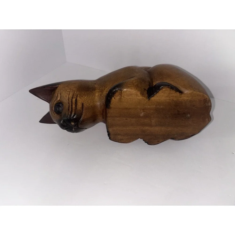 Vintage Handmade Carved Wooden Cat Shelf Sitter Peeking Cat Folk Art